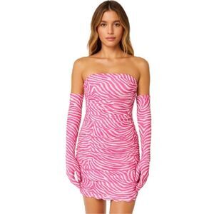 NWOT Miscreants Pink & White Zebra Cupid Mini Dress With Gloves Size US 10/UK 14